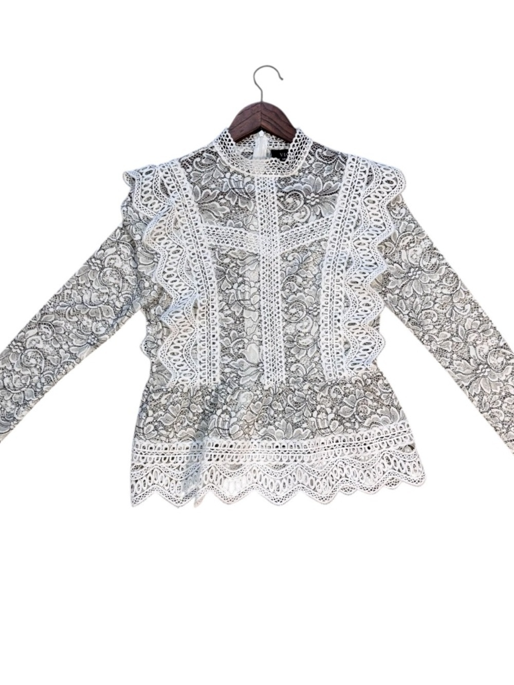 VICI Dolls Black and White Lace Zip Up Back High-Neck Long Sleeve Ruffled Blouse - Picture 3 of 6